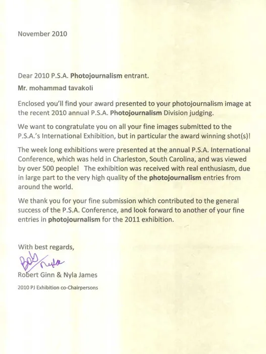 PSA Photojournalism Award Letter 2010